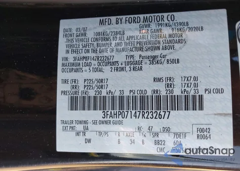 2007 Ford Fusion Se from USA, damaged, VIN 3FAHP07147R232677